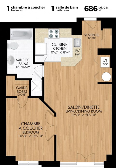 Floor plan for 1 bed, 1 bath, 824 sqft
